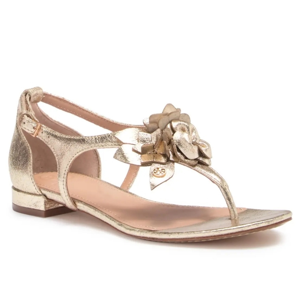 Tory Burch “Blossom” Gold Floral Sandals w/ box - Sz 10